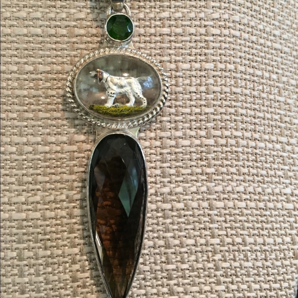 Glass hunting dog / smokey quartz necklace/sterling silver